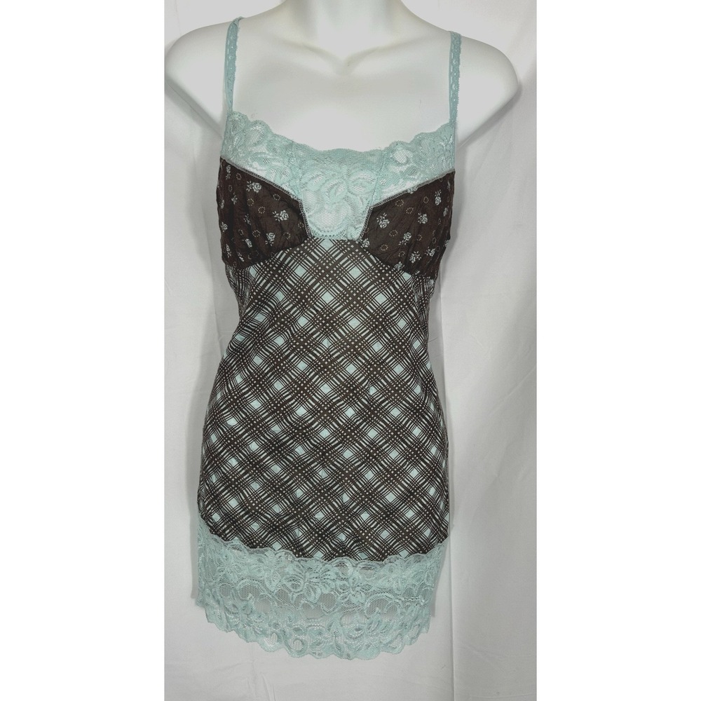 Y2K Long Lace Trim Babydoll Tank Dress Preppy Dainty Brown Plaid Fairy Grunge XL